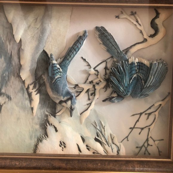 Vintage Paper Tole 3D picture art decoupage framed birds tree snow winter scene - Picture 4 of 7